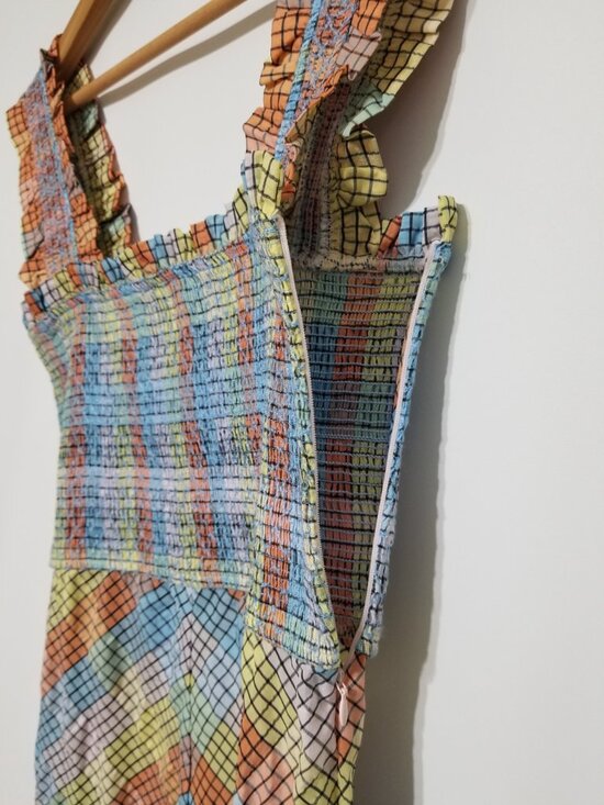 🌈NWT GANNI Multi-Color Seersucker Check Smocked Long Dress Size EU 38, 40 $285 - Picture 9 of 16